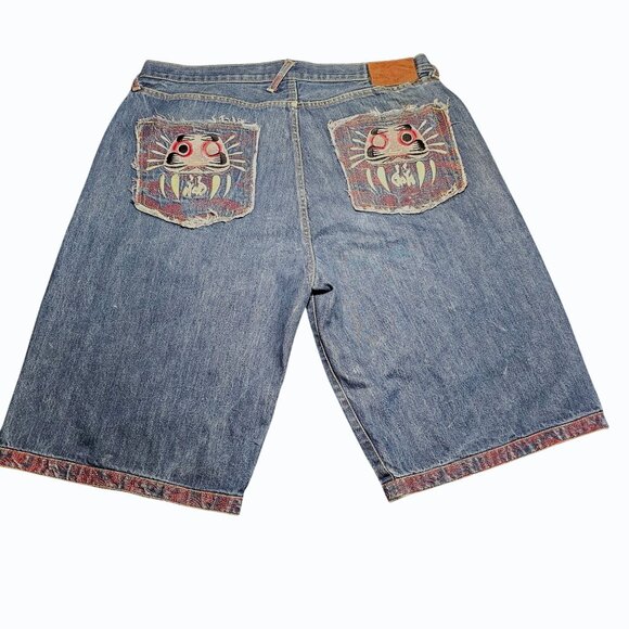 RMC Red Monkey Mens Jean Shorts 38 Denim Button Fly Embroidered Pocket & Hem Y2K - Picture 2 of 16
